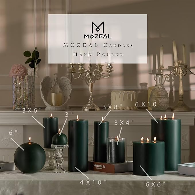 MOZEAL 3" x 4" Hand-Poured Unscented Candle,Dripless Pillar Candle Set of 3,Long Clean Burning,Approx 72 Hours Burn Time,Rustic Country Style,Wedding,Dinner,Christmas and Home Decor,Dark Green
