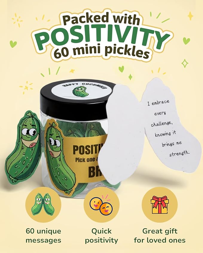 Positive Pickle Affirmation Cards Jar,60 Daily Affirmations, Emotional Support Pickle with Positive Messages, Encouragement Present for Women, Teens,girls,and Friends