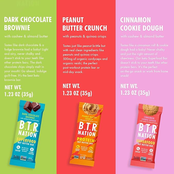 B.T.R. Nation Superfood Keto Protein Bars - Plant Based Vegan Protein | (6 Pack) Variety Pack Sampler | Low Carb Food, Low Calorie, Gluten Free, No Sugar Alcohols, Boosted with Superfoods
