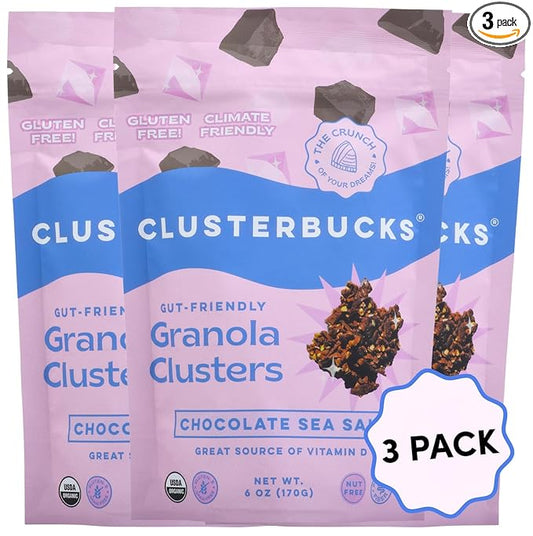 Clusterbucks Superfood Clusters – Grain-Free, Keto-Friendly Granola with Regeneratively Grown Sprouted Buckwheat– Gluten-Free, Low-Carb, Organic Healthy Snack (3-Pack, Chocolate Sea Salt)