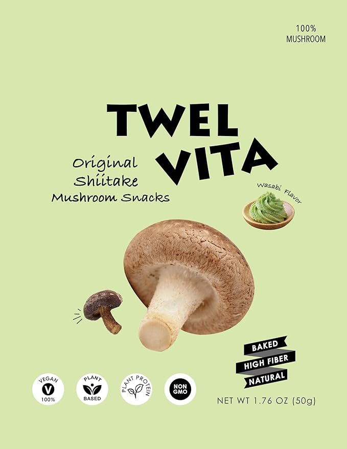 TwelVita Natural Baked Wasabi Shiitake Mushroom Crisps, Vegan Snacks, Clean Label, Non-GMO, Gluten-Free, 1.76 oz ea, Pack of 4