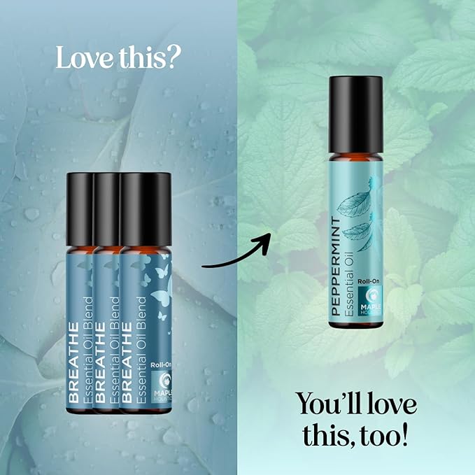 Breathe Essential Oil Roll On - Aromatherapy Essential Oil Roller with Invigorating Essential Oils - Refreshing Essential Oil Blend with Eucalyptus Peppermint Spearmint & Tea Tree Oils (3 Pack)