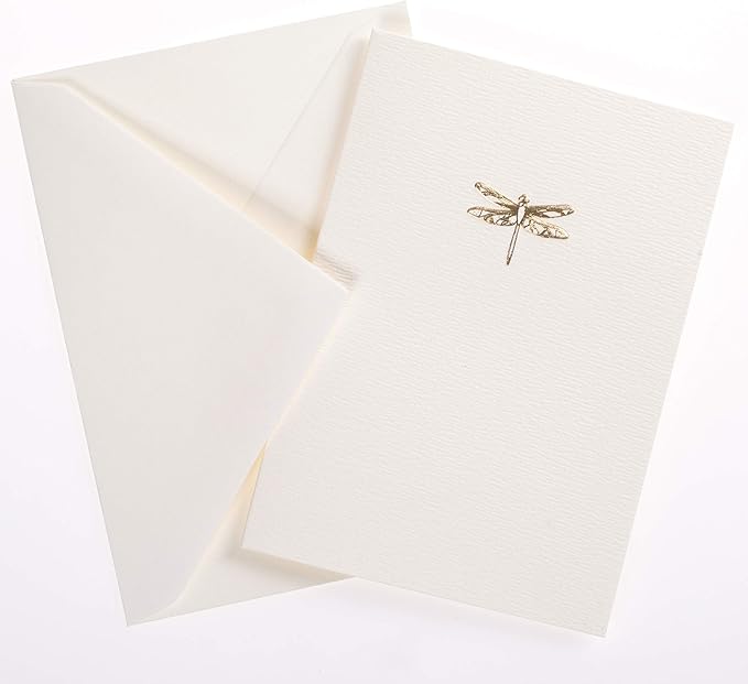 Graphique Dragonfly La Petite Presse Boxed Notecards - 10 Embossed and Embellished Gold Foil Blank Cards with Matching Envelopes, 3.25" x 4.75"