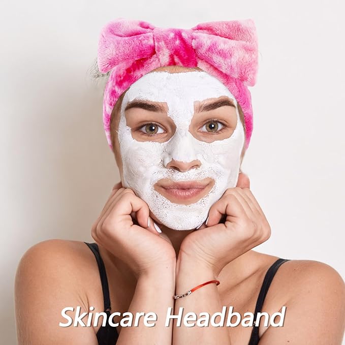 VELSCRUN Spa Headband, Makeup Face Wash Skincare Headbands, 6 Pcs Hot Pink Colorful Sponge Bow Tie Get Ready HairBand Facial Wristband Set, Stuff for Teen Girls Women Trendy Fashion Hair Accessories