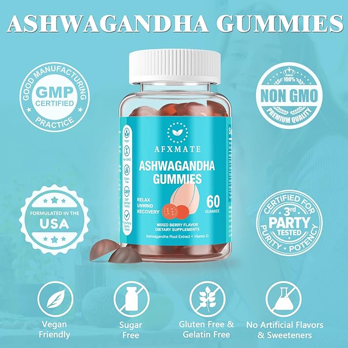 AFXMATE Ashwagandha Gummies & Vitamin D Gummies for Men & Women 120 Count Aswangdha Supplement (Non-GMO, Sugar Free & Gluten Free)