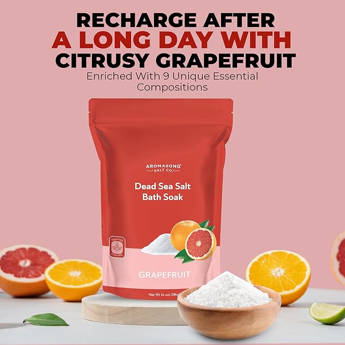 Aromasong Dead Sea Salt - Fine Grain Spa Salt Grapefruit Scent 14 Oz β 7 Uses Per Pack - Pure & Natural - Used for Body wash Scrub - Soak for Women & Men for Skin Issues and to Relax Tired Muscles