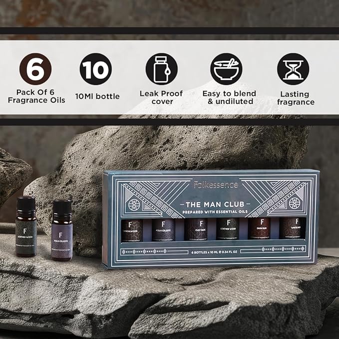 Folkulture Essential Oils Set for Men | Set of 6 (0.34 Fl Oz or 60ml) Diffuser Oils for Home | Oud Tabac, Sandalwood, Leather Wood | Fragrance Oil