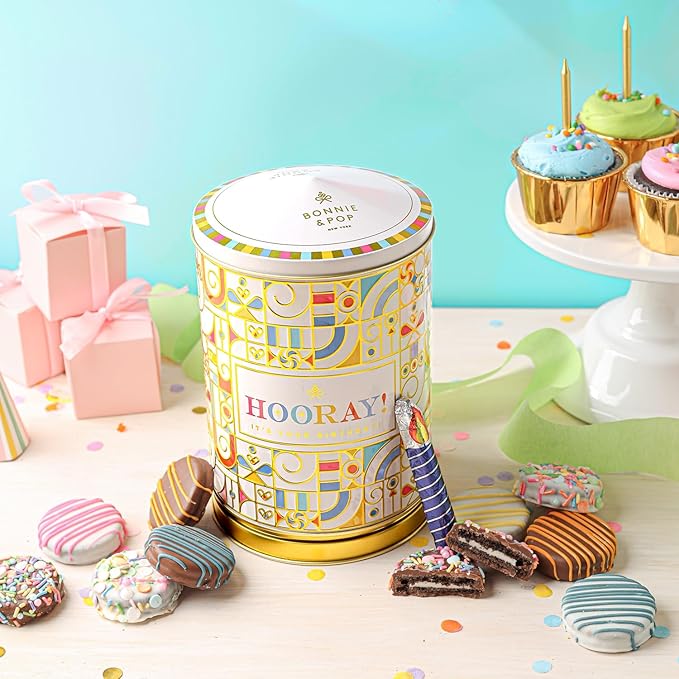 Birthday Gift Basket | Popcorn, Sweets, Candy, Cake Flavors | Tin Spins, Plays Music Happy Birthday | Bonnie and Pop