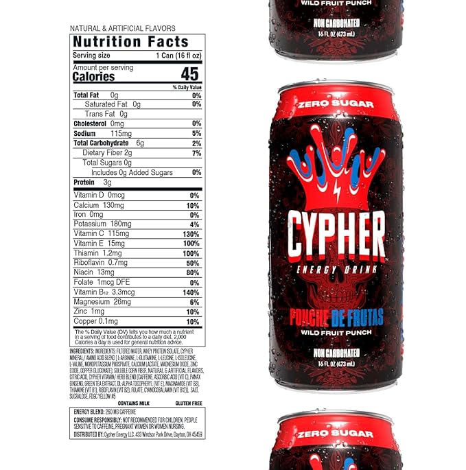 Cypher Sugar Free Energy Drink, Wild Fruit Punch – Non-Carbonated & Low Calorie Juice Energy Drink for Lasting Stamina & Focus with 260mg Caffeine, 3g Whey Protein, & 5 Amino Acids (12) 16oz Cans