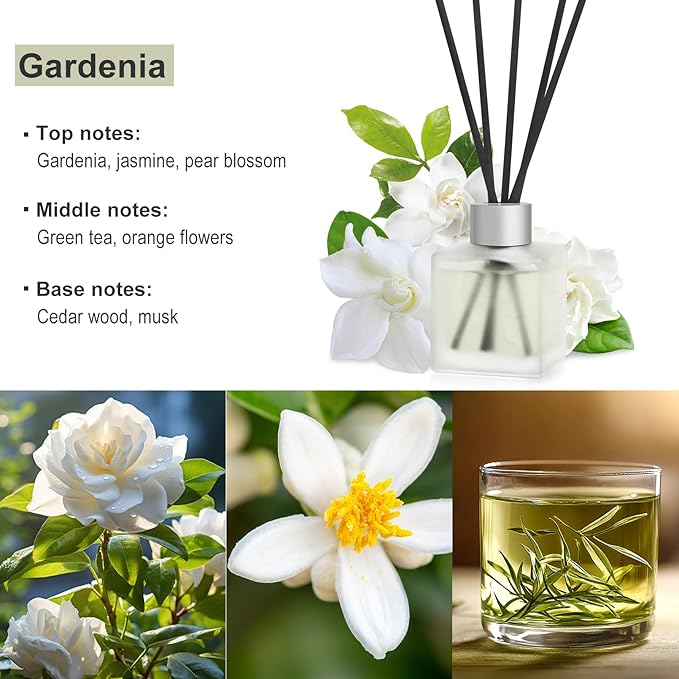 Reed Diffuser, Gardenia Scented Oils, Air Freshener Essential Oil Set with Diffuser Sticks, 3.4 oz Long Lasting Home Fragrance for Bedroom Office Shelf Bathroom Decor (2-Pack)