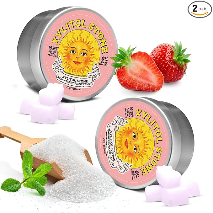 Xylitol Stone Sugar Free Candy - Vegan & Keto Friendly Unique Hard Candy Sugar-Free - 100% Natural Flavor Candies - Gluten Free & Non-GMO Breath Freshener Low Calorie Mints - Strawberry (Pack of 2)