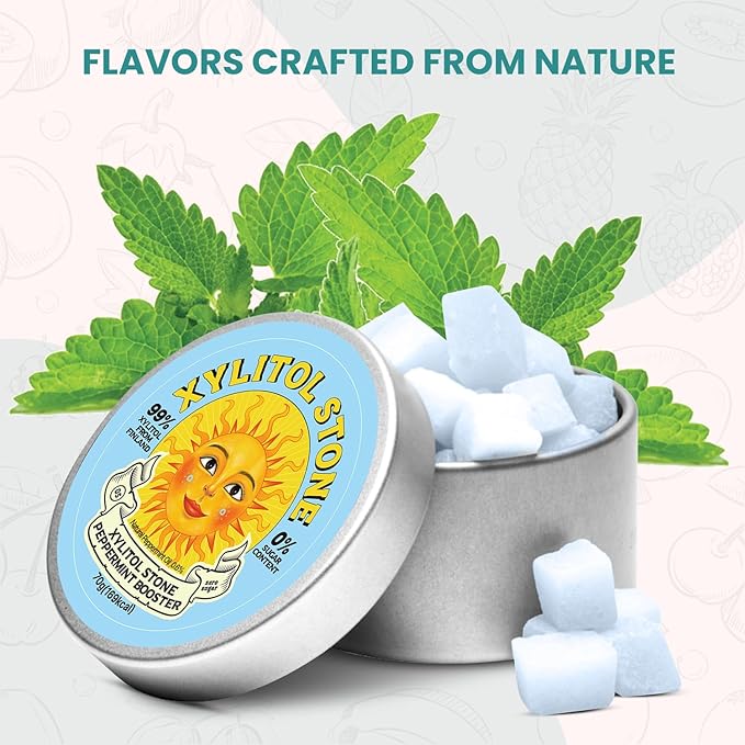 Xylitol Stone | Delicious Sugar Free Candy | 100% Finnish Xylitol Mints | Health Conscious Snacks | Refreshing Breath Mints | Unique Hard Candy Gift (Peppermint Booster Flavor)