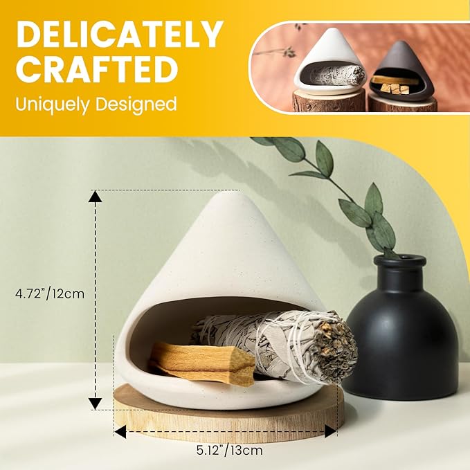 Handcrafted Natural Clay Smudge Pot-Mini Chimenea Incense Holder for Sage, Copal & Palo Santo-Aromatherapy Burner with Unique Design-Perfect Anxiety Relief Gift for Women, Zongzi Style, White