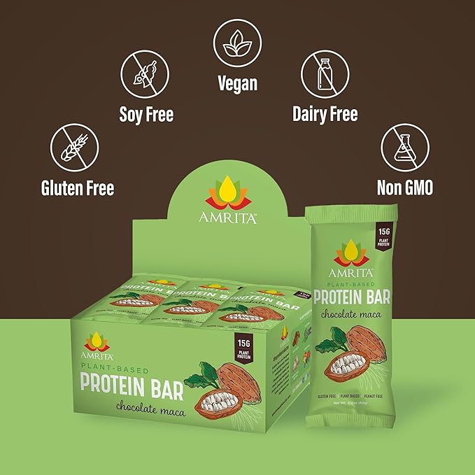 Amrita Nut Free Chocolate Maca Vegan Protein Bars (12 Count PK of 3) | 12g Plant-Based Protein Bar | Peanut Free, Gluten Free, and Dairy Free | Low Sugar, High Fiber, Healthy School-Safe Snacks