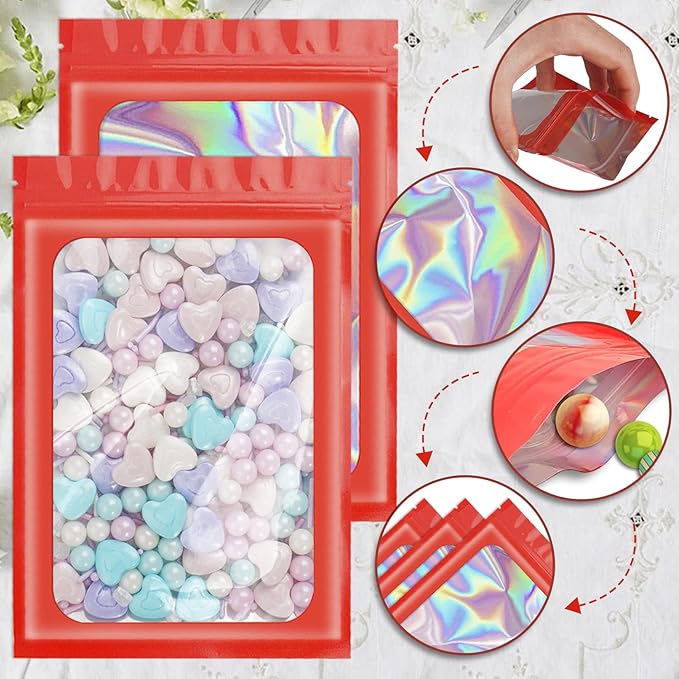 100 Pieces Smell Proof Mylar Resealable Bags, Holographic Packaging Bags, Resealable Odor Foil Pouch Zip Bag with Clear Window for Food Storage and Lipgloss, Jewelry Lash (Red, 5.1 x 8.3 Inch)