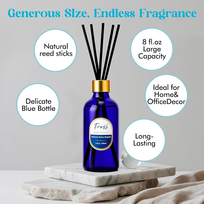 Reed Diffusers Set, 8 Oz Fresh Scented Diffuser, 6 Reed Diffuser Sticks, Home Fragrance Aromatherapy Oil Diffuser Reeds, Blue Bathroom & Office Decor 240 ml