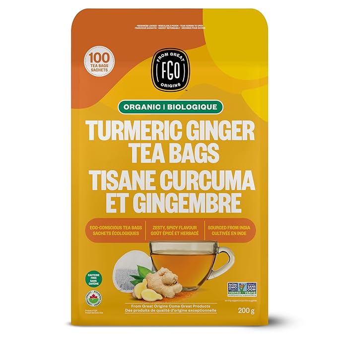 FGO Organic Turmeric Ginger Tea, Eco-Conscious Tea Bags, 100 Count, Packaging May Vary (Pack of 1)