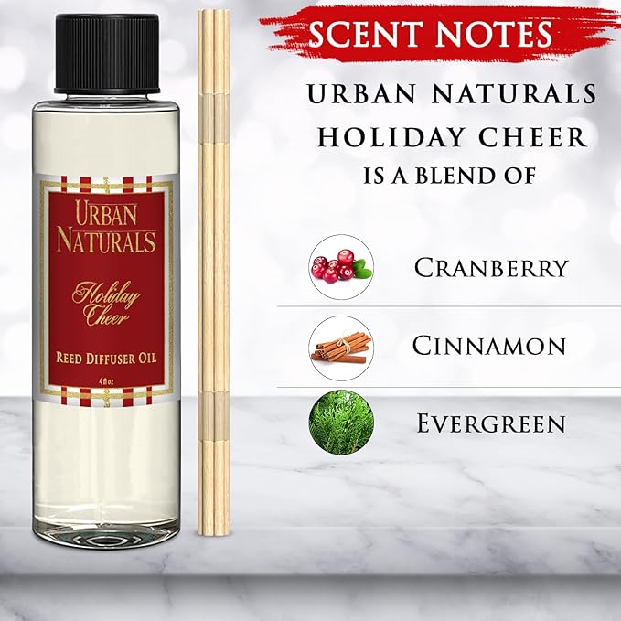 Urban Naturals Reed Diffuser Oil Refill, Holiday Cheer Diffuser Oil with Cranberry, Cinnamon, Evergreen, 4 oz + Free Reed Sticks, Made in The USA