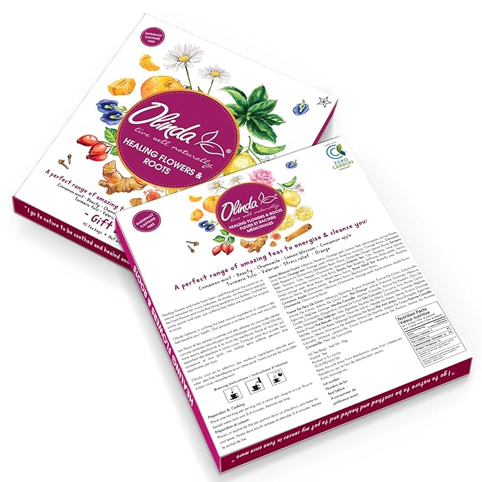 Olinda Healing Flowers & Roots Gift Box Natural Caffeine Free Tea Organic Herbal Tea Bags Healthy Beauty Tea Wellness Stress Relief Tea Sampler Gift Set Premium 9 Vareity Individually Wrapped 45 Tea Bags 1 Tea Gift Box for Women