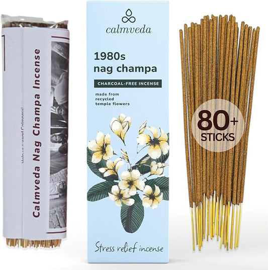 1980s Nag Champa Incense Sticks - Earthy, Floral Scent Blended with White Musk Incense (80 Sticks) | Charcoal Free, Made with Upcycled Flowers | Stick Incense for Calming (Inciensos Aromaticos)