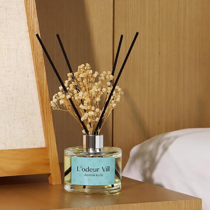 L'odeur Vill Reed Diffuser Set, 6.7 oz(200ml) Jasmine & Lily Scented Diffuser with 6 Oil Diffuser Sticks, Home Fragrance Essential Oil Reed Diffuser for Home Large Rooms Bathroom Shelf Decor