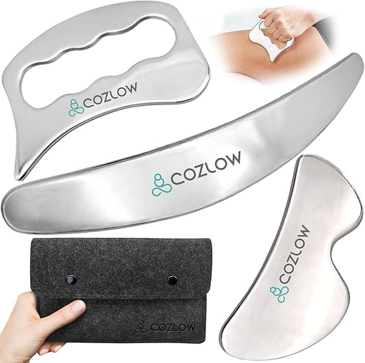 COZLOW 3-in-1 Muscle Scraper Tool Set - Skin Scraping Massage Tools for IASTM Therapy - Deep Tissue Gua Sha for Soft Tissue Mobilization, Fascia & Myofascial Release - Stainless Steel Metal Blades