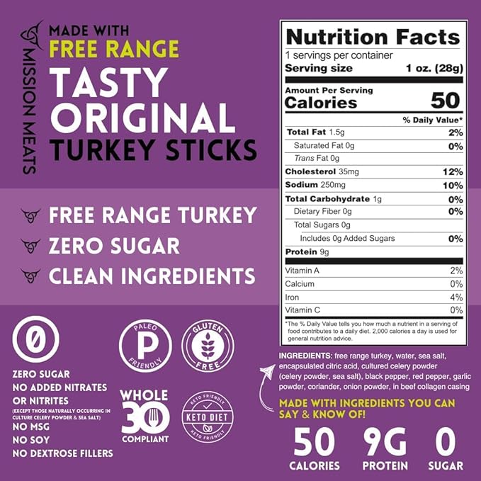 Mission Meats Turkey Sticks – 100% Free Range, Zero Sugar, Healthy Snacks, 9g Protein, Individually Wrapped Jerky Meat Sticks, Paleo & Whole 30 Friendly, 1oz (24ct)