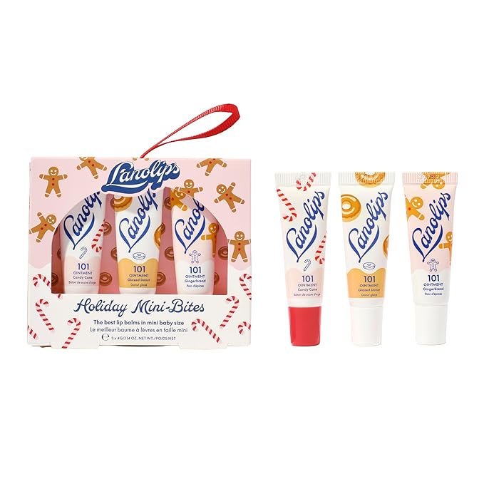 Lanolips Holiday Mini Bites Gift Set - Includes 101 Ointment Lanolin Lip Balm in Candy Cane, Glazed Donut & Gingerbread - Limited Edition Lanolin Holiday Gifts (3 Pieces)