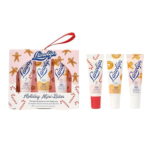 Lanolips Holiday Mini Bites Gift Set - Includes 101 Ointment Lanolin Lip Balm in Candy Cane, Glazed Donut & Gingerbread - Limited Edition Lanolin Holiday Gifts (3 Pieces)