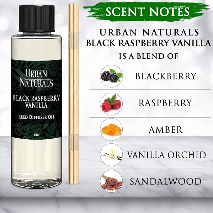 Urban Naturals Reed Diffuser Oil Refill, Black Raspberry Vanilla Oil for Diffuser with Orchid, Amber, Sandalwood, 4 oz + Free Reed Sticks, Made in The USA