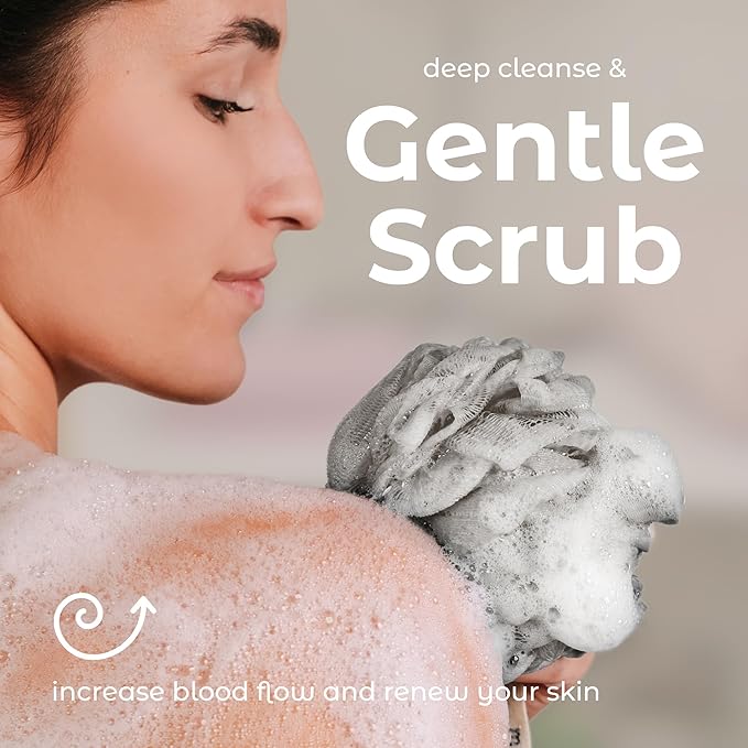 MainBasics Bath Shower Loofah Sponge Pouf Body Scrubber Exfoliator Body Wash Sponge (Set of 3, Totally Taupe)