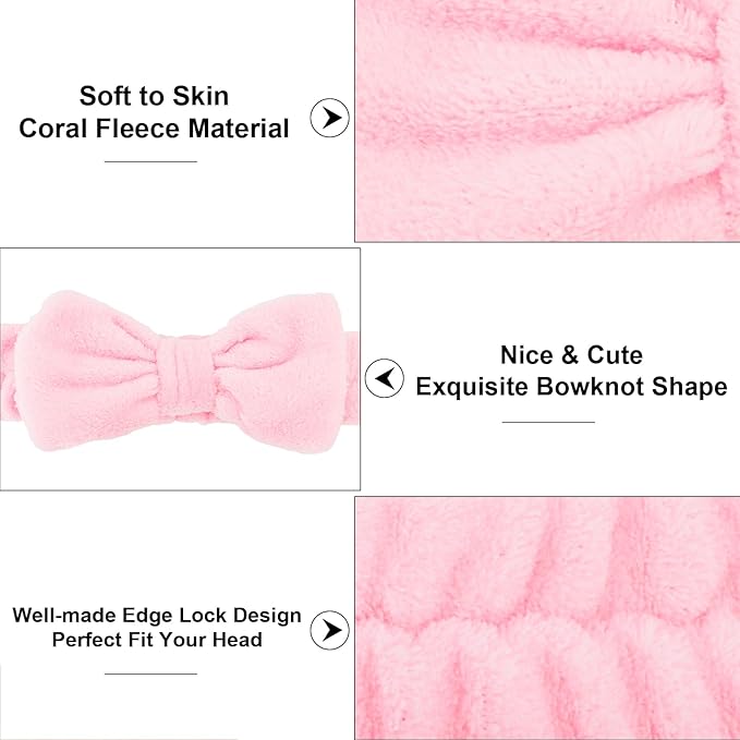 Casoty 12 Pcs Hair Makeup Headbands, Spa Headband for Washing Face, Soft Coral Fleece Headbands for Makeup, Bow Hair Band for Face Washing Shower Skin Care Yoga