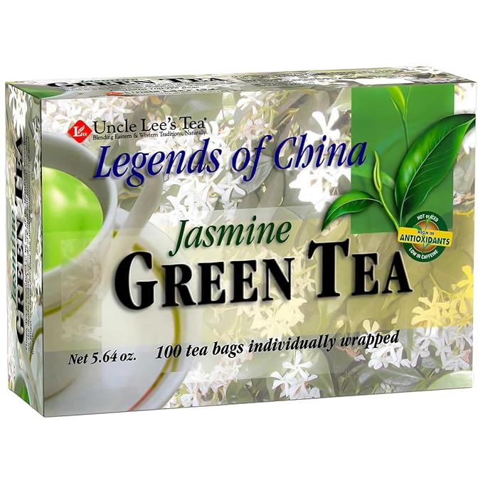 Uncle Lee’s Premium Green Tea with Jasmine Flowers, Lightly Caffeinated, 100 Count – Antioxidant-Rich Young Tea Leaves in Individually Wrapped Bags, 5.64 Oz