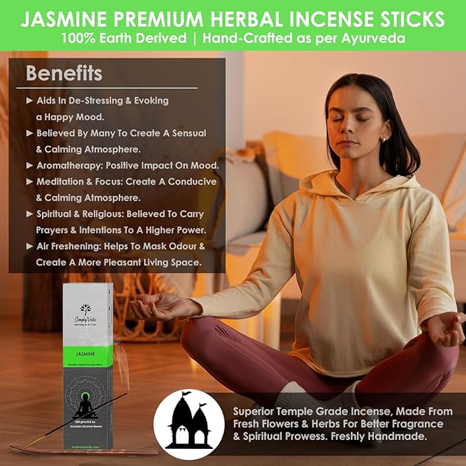 Simply Vedic Jasmine Incense Sticks – 250g Pack (Approx. 135 Handmade Sticks + Incense Holder) | 45-Minute Burn | Natural Essential Oils for Meditation, Yoga, Aromatherapy & Spiritual Use