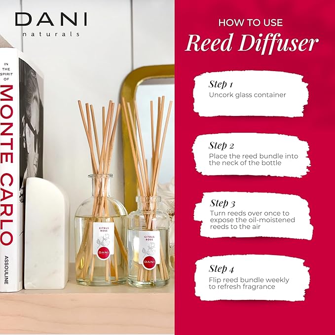 DANI Naturals Reed Diffuser Set - Citrus Rose Scent - Aromatherapy Essential Oils - Alcohol-Free, Non-Toxic, Eco-Friendly, 10 Reeds - 3.5 oz