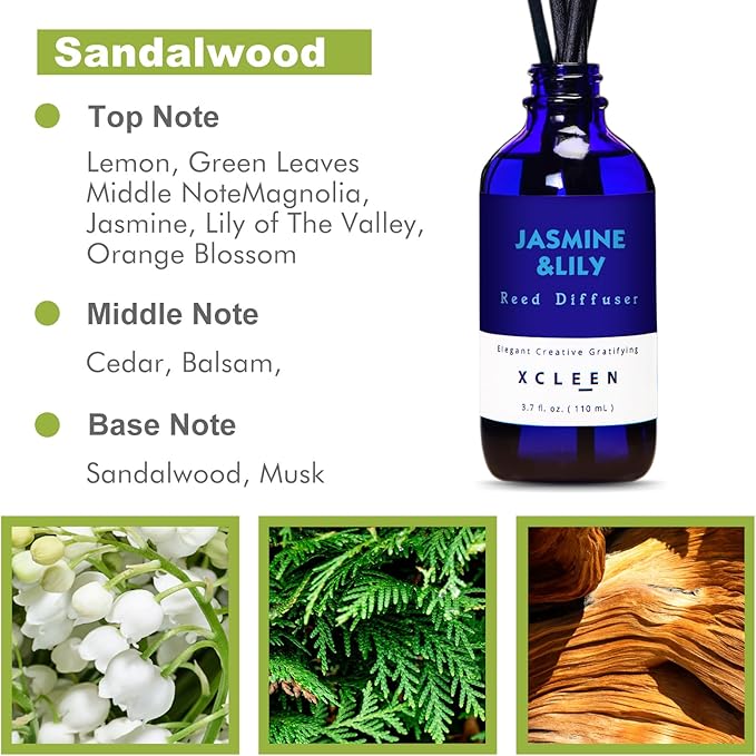 Reed Diffuser Set- Jasmine & Lily Scented Diffuser with 6 Rattan Sticks, Long Lasting Reed Diffusers for Home Bathroom Shelf Decor-3.7oz
