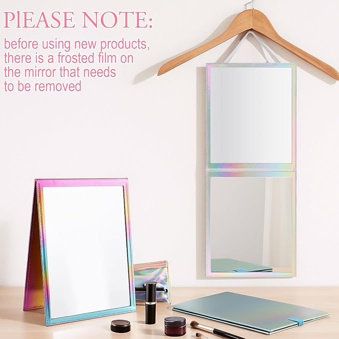 Chunful Foldable Backstage Mirror with Handle Holographic 33.5 X 13.4 Inch Folding Hanging Mirror Rectangular for Travel Dance Bag Home Fitness Spa Gift for Dancers (White)