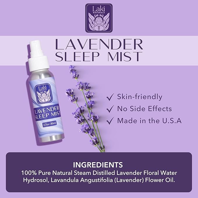 Laki Naturals Lavender Sleep Mist (2.7oz) | Hydrosol Body Spray w/Essential Oil | Natural Sleep Aid to Relax, Soothe and Calm The Mind & Senses