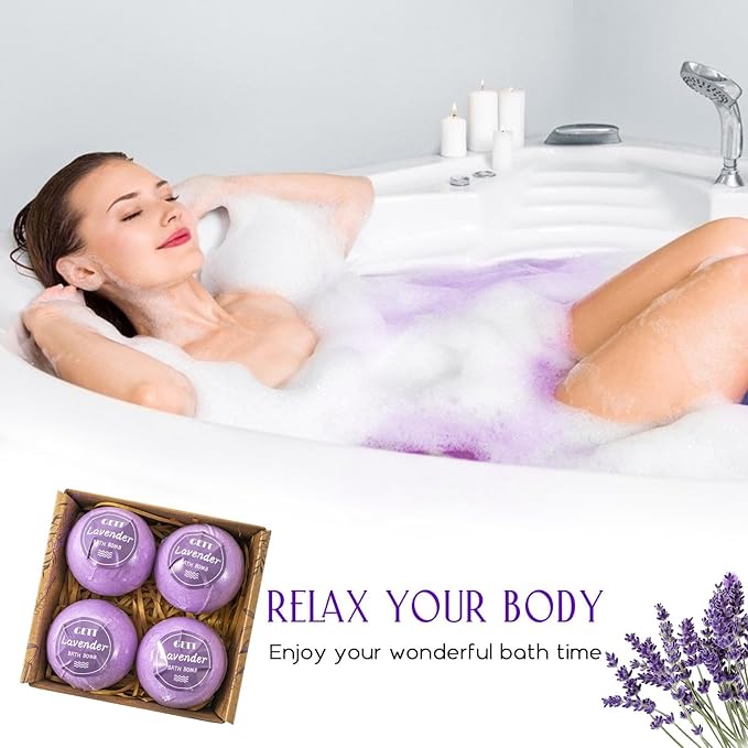 GETT Lavender Bath Bombs 4-pcs, Individually Wrapped Bath Bombs for Men & Women, Luxury Gift Set with Vegan and Essential Oils, Relaxing and Moisturizing Bubble Bath, Organic Bath Essentials for All