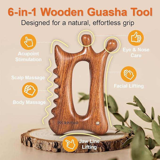 Wooden Gua Sha Tool for Face&Body - 6 in 1 Facial Massager for Lymphatic Drainage - Guasha Body Sculpting Tools Therapy Massage Tool for Cellulite,Jaw Lifting,Muscle Relief - Relaxation Gifts