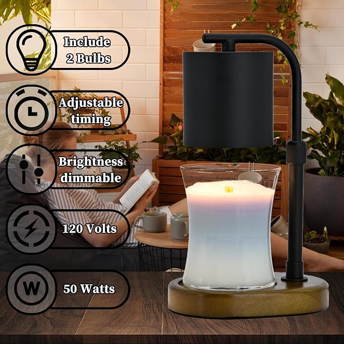 Candle Warmer Lamp Timer - Adjustable Black Candle Lamp Warmer, Birthday Gifts for Women, for Mom, House Warming Gifts New Home, Candle Warmer for Jar Candles with 2 Bulb