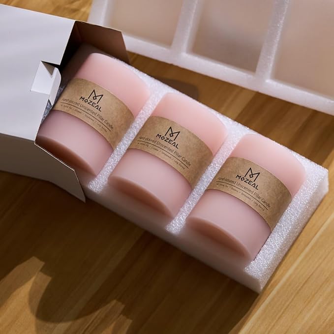MOZEAL 3" x 4" Hand-Poured Unscented Blush Candle, Dripless Light Pink Pillar Candle Set of 3, Long Clean Burning, Approx 72 Hours Burn Time, Rustic Country Style Decor, Pearl Blush Rose