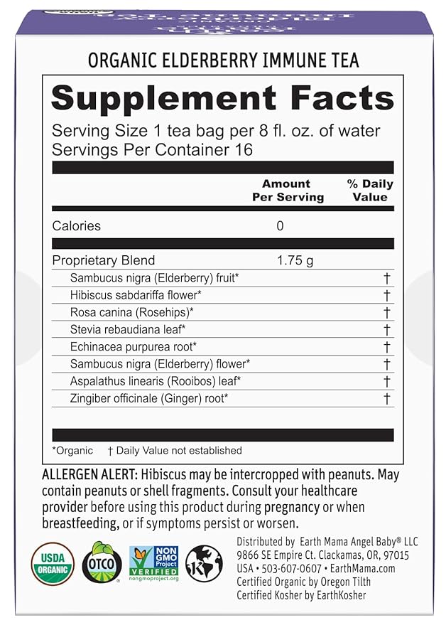 Earth Mama Organic Elderberry Immune Support Tea with Echinacea | Safe for Pregnancy, Breastfeeding, Postpartum, Kids and Family Essentials, Decaf Tea with Ginger & Rooibos (16-Count, 6-PK)