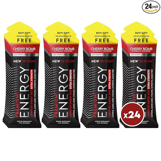 NewTrition® Extra Strength Energy Shots, 250mg Caffeine Energy Shots with Vitamin B & Amino Acids, Sugar-Free Vitamin Energy Shot, 1.7 fl oz (Pack of 24, Cherry Bomb)