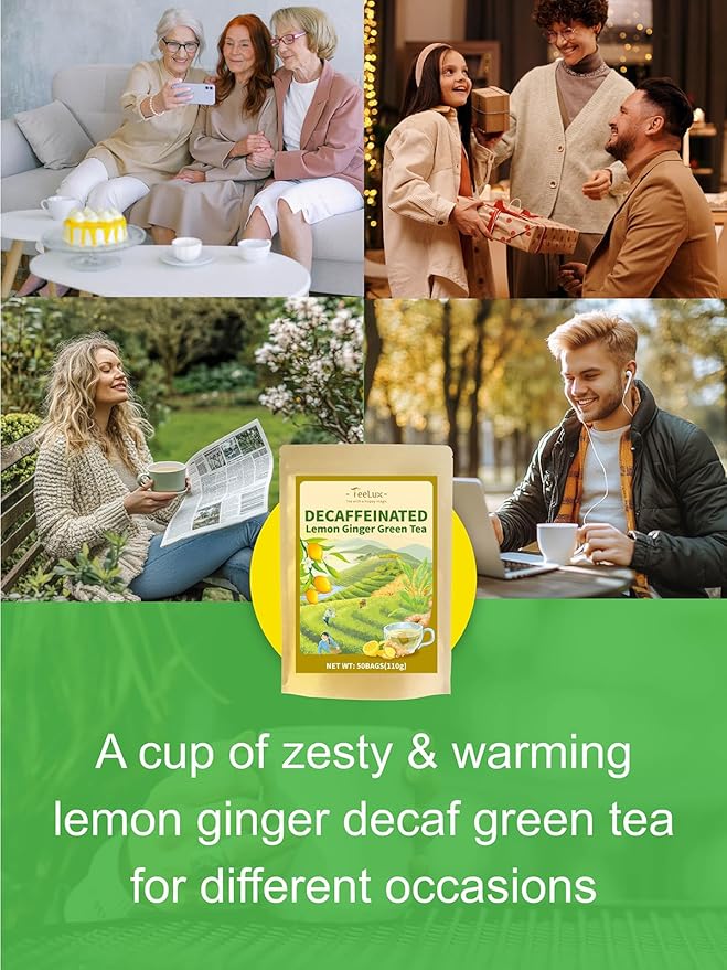 TeeLux Lemon Ginger Decaf Green Tea, Smooth Decaffeinated Green Tea with Spicy Ginger & Refreshing Natural Lemon Flavor, 50 Count