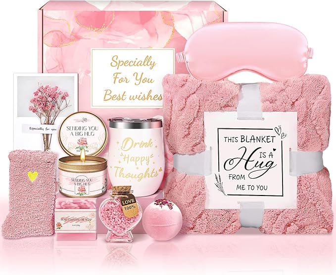 Birthday Gifts for Women Self Care Gifts Get Well Soon Gifts, Rose Relaxation Spa Gift Basket Sets with Luxury Flannel Blanket, Unique Mothers Day Mom Gifts Basket for Mom Wife Grandma Sister Friend