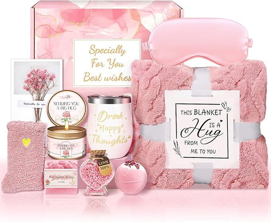 Birthday Gifts for Women Self Care Gifts Get Well Soon Gifts, Rose Relaxation Spa Gift Basket Sets with Luxury Flannel Blanket, Unique Mothers Day Mom Gifts Basket for Mom Wife Grandma Sister Friend
