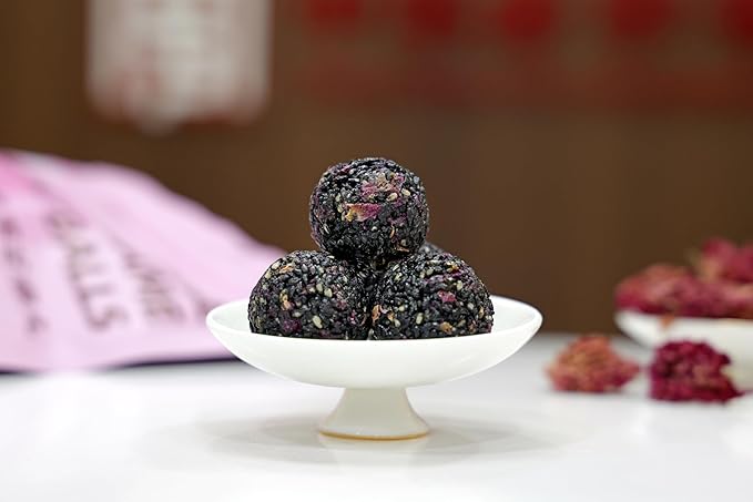 Organic Rose Black Sesame Balls Snacks Specially Added Natural Heavy Petal Rose Pure Honey Handmade Black Sesame Pills Plant Protein Sources Vegan Snacks(1 Bag rose)