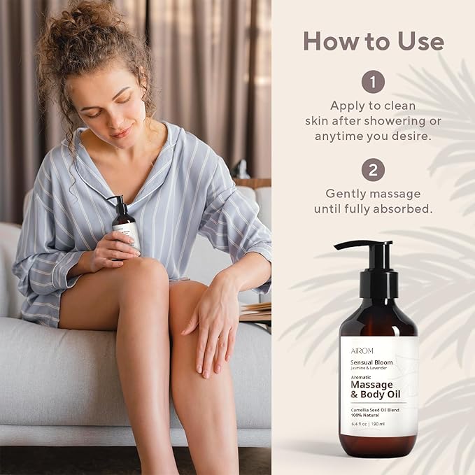 AiROM Jasmine & Lavender Massage Oil for Massage Therapy - Scented Body Oil for Women – Hypoallergenic, Relaxing Aromatherapy, Non-Greasy, Spa Quality, Nut-Free - 6.4 fl oz