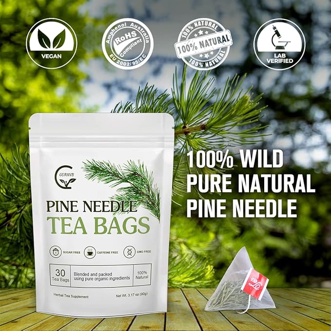 Organic Pine Needle Tea Bags - 100% Pure Natural Dried Pine Needles Herbal Tea, Effectively Antioxidant & Immune Support, Caffeine Free, 30 Tea Bags